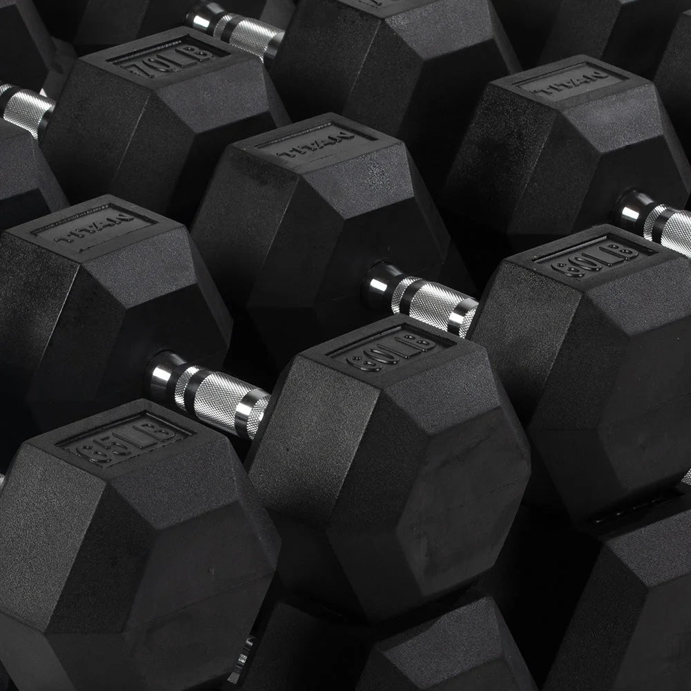 Rubber Hex Dumbbells, 55 LB-100 LB Set of Pairs, Roll-Resistant Hexagonal Free Weights