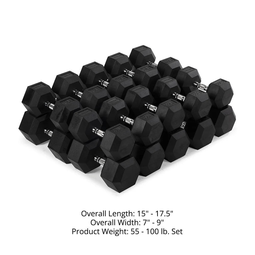 Rubber Hex Dumbbells, 55 LB-100 LB Set of Pairs, Roll-Resistant Hexagonal Free Weights