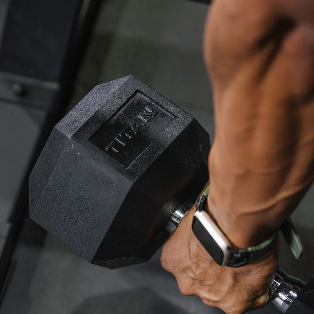 Rubber Hex Dumbbells, 55 LB-100 LB Set of Pairs, Roll-Resistant Hexagonal Free Weights