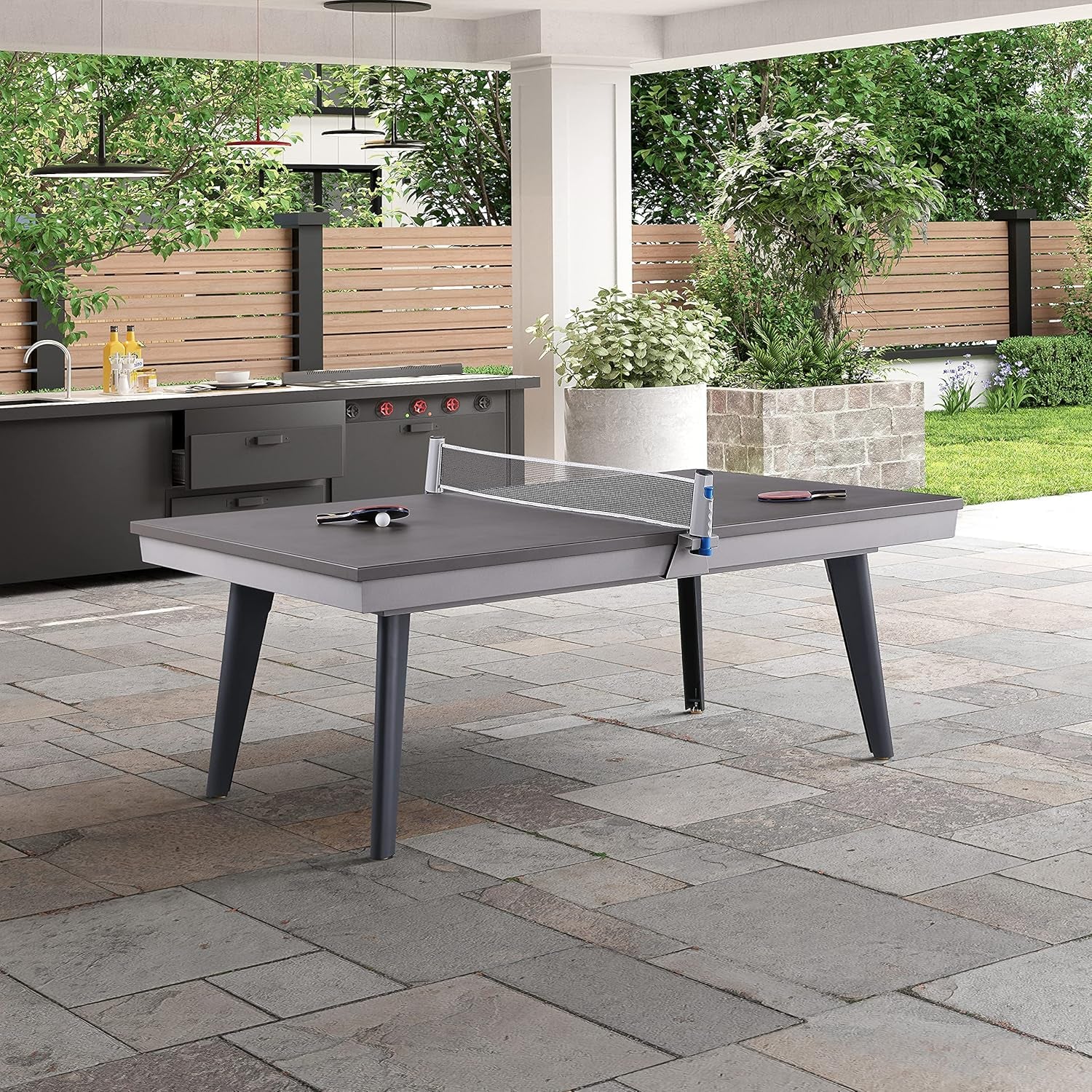 Santorini 82" Outdoor Slate Pool Table with Dining Top Benches and Ping Pong
