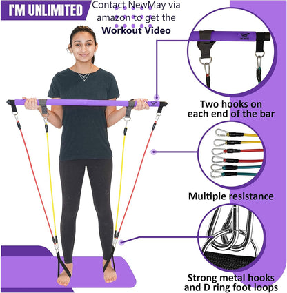 ® Pilates Bar Kit & Video,Portable Home Gym, 6 to 12 Resistance Bands or with Waist Trainer,Reformer,Workout Equipment,Exercise Squat,Body Fitness Stick,Yoga Toning Abs Arms & Legs,Booklet