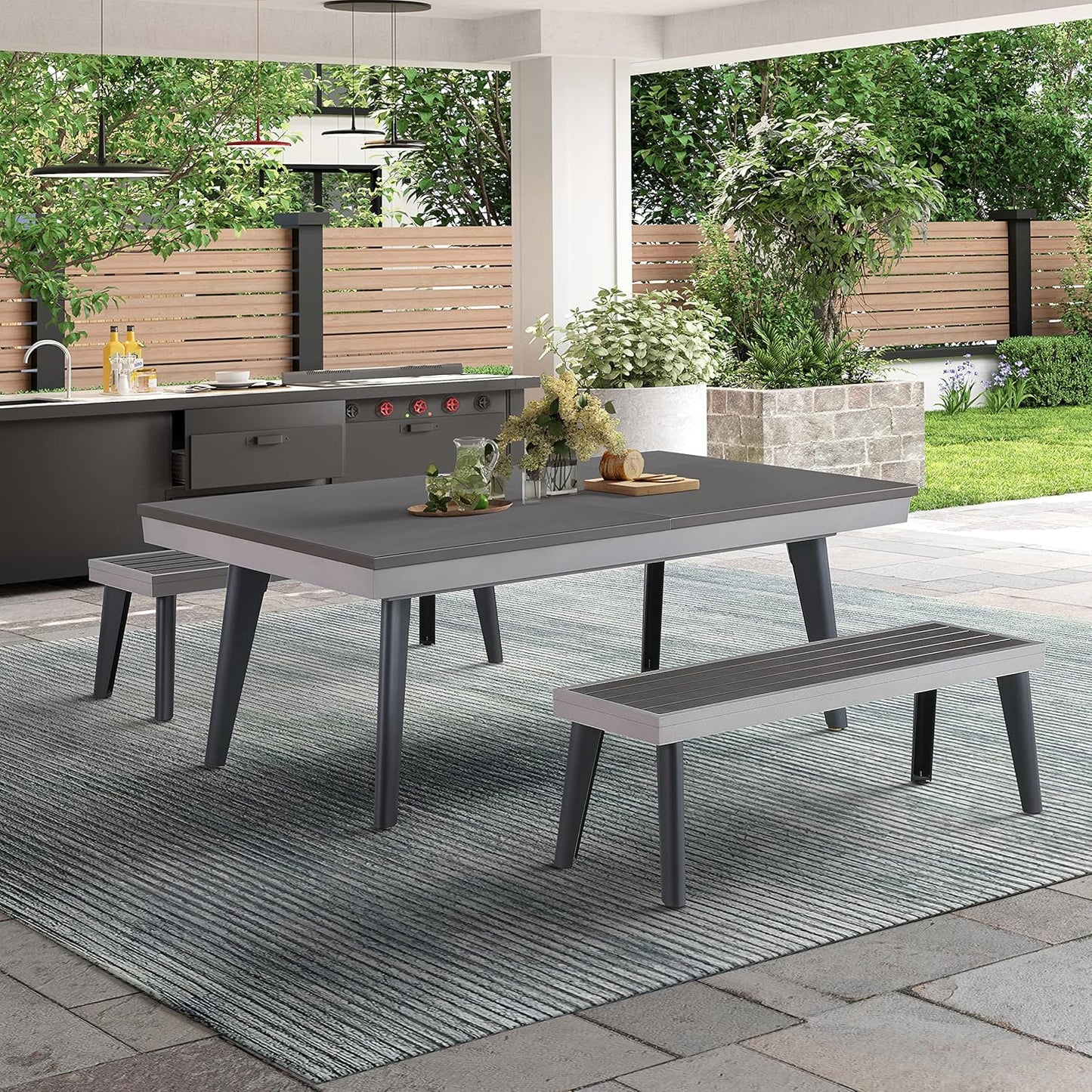 Santorini 82" Outdoor Slate Pool Table with Dining Top Benches and Ping Pong