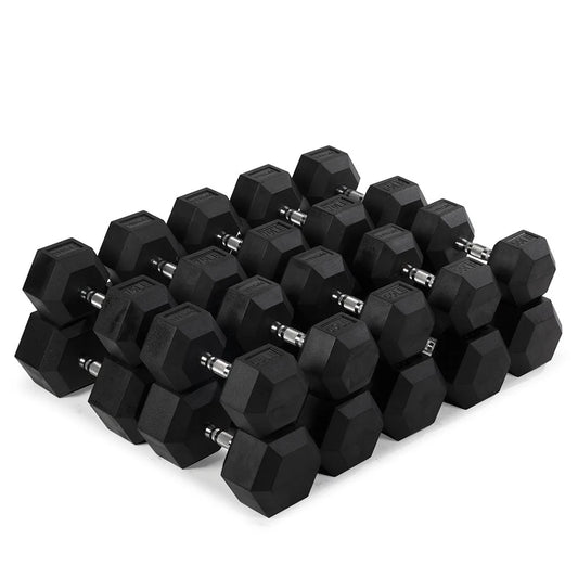 Rubber Hex Dumbbells, 55 LB-100 LB Set of Pairs, Roll-Resistant Hexagonal Free Weights