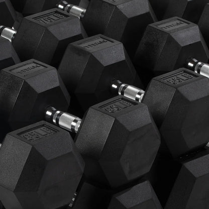 Rubber Hex Dumbbells, 55 LB-100 LB Set of Pairs, Roll-Resistant Hexagonal Free Weights